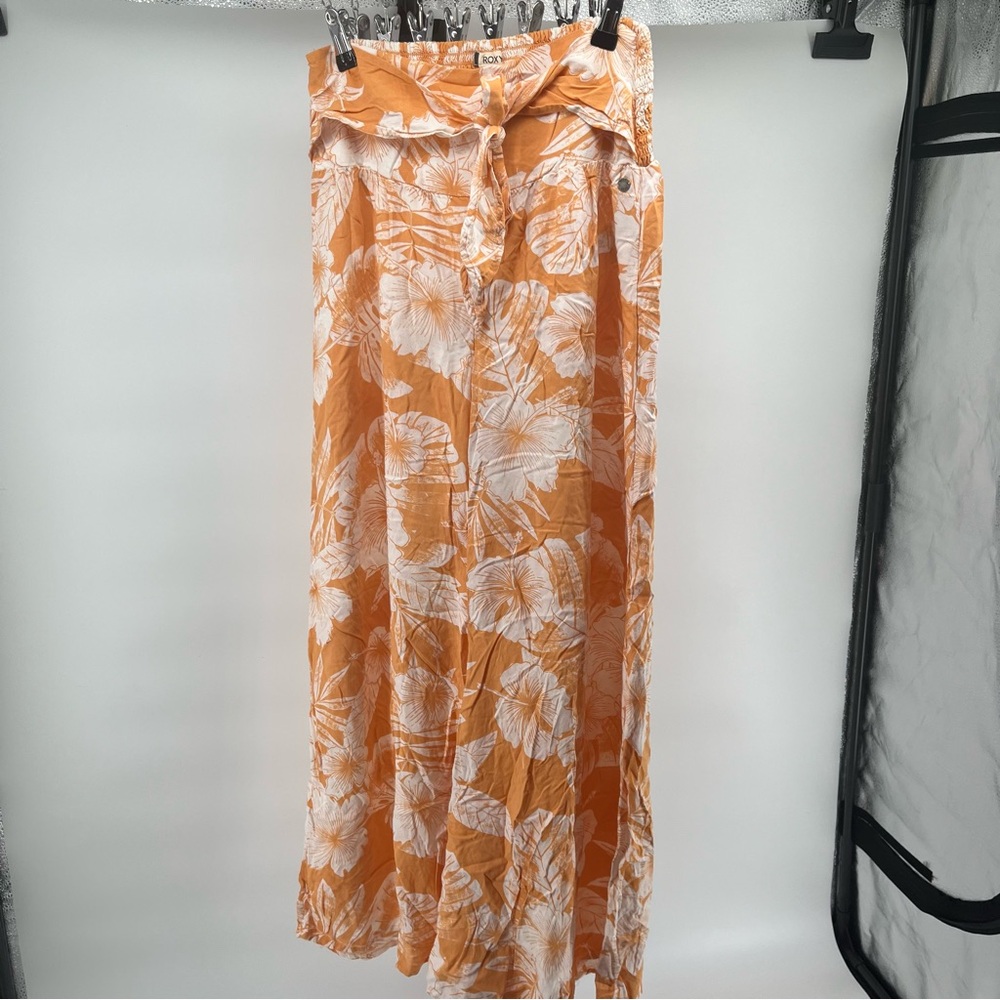 Roxy High-waist Orange & White Floral Wide Leg Flowy Hawaiian Pants Size Large - Picture 2 of 12